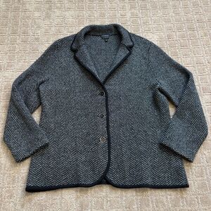 Talbots Wool Sweater Blazer Jacket Women's Large Black Gray Chevron Office Work